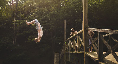 Friend photographing man diving from wooden bridge against trees in forest