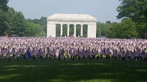 View of flag on grass against clear sky