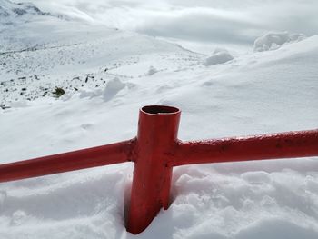 Close-up of snow on mountain against sky