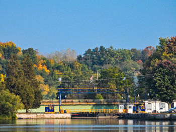 Scenic view of river by trees against clear sky