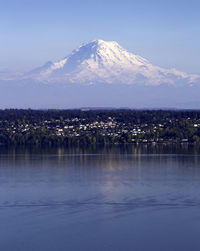 Scenic view of lake and mountains against sky