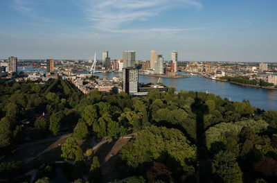 High angle view of trees by buildings and river in city