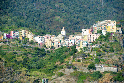 High angle view of buildings in town