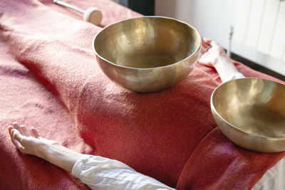 High angle view of person preparing food on table