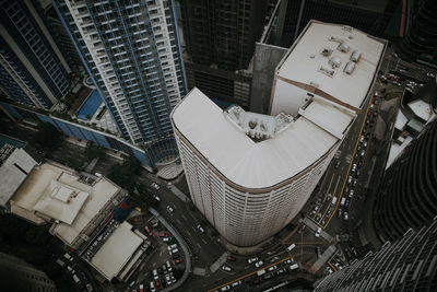 High angle view of modern buildings in city