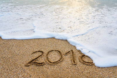 High angle view of text on beach
