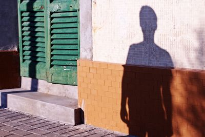 Rear view of man and woman walking on building wall