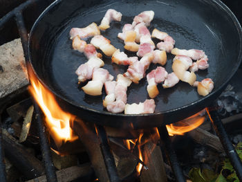 High angle view of food on barbecue grill