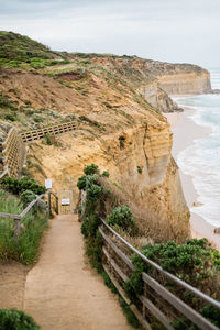 High angle view of footpath by sea against sky