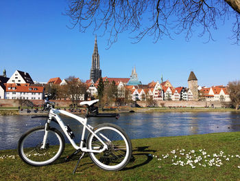 High angle view of bicycle and buildings in city