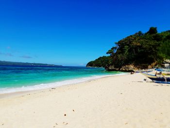 Scenic view of beach against clear blue sky