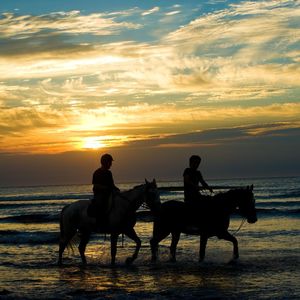 Silhouette man riding horse on beach against sunset sky