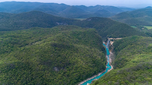 High angle view of landscape and mountains