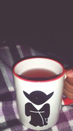 High angle view of coffee cup on table