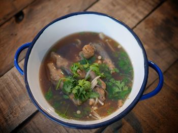 High angle view of soup in bowl on table