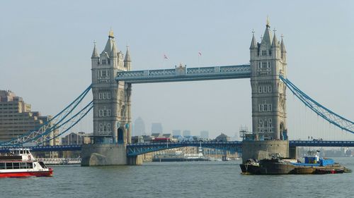 View of suspension bridge in city