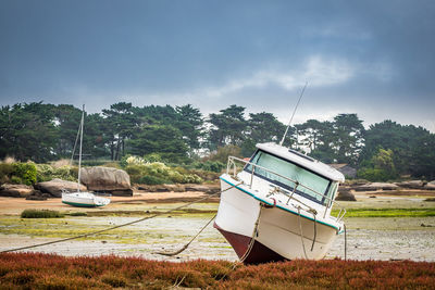 Boat moored on grass by trees against sky