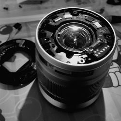 High angle view of camera on table