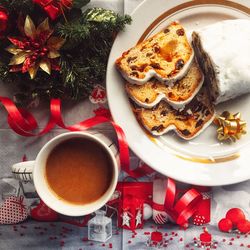 High angle view of breakfast on table