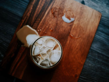 High angle view of coffee cup on table