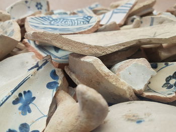 High angle view of shells on table