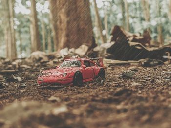 Close-up of abandoned toy car