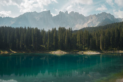 Scenic view of lake by mountains against sky