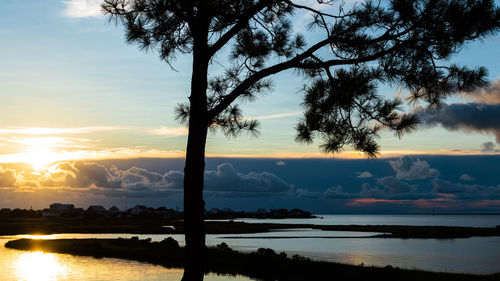 Silhouette trees by lake against sky during sunset