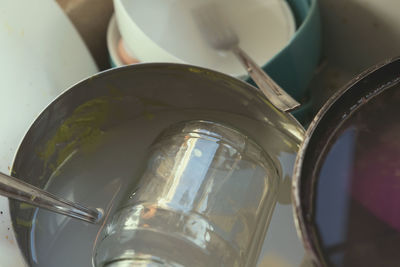 High angle view of drink in glass on table