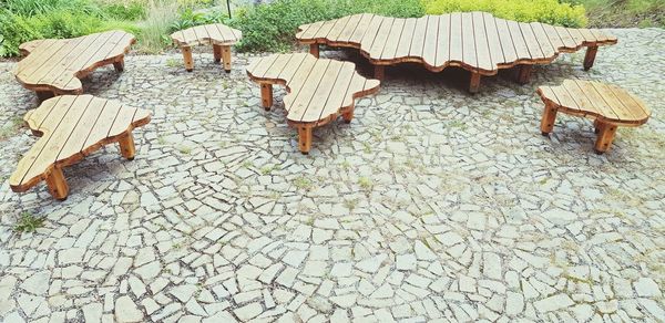 High angle view of empty chairs on table