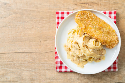 High angle view of food in plate on table