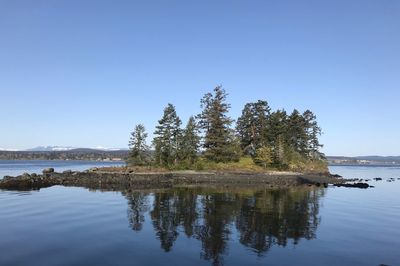 Scenic view of lake against clear blue sky