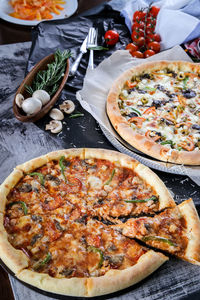 Close-up of pizza served on table