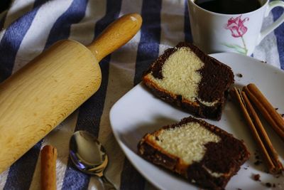 High angle view of cake in plate on table