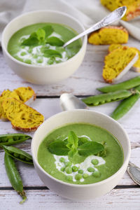 High angle view of soup in bowl on table