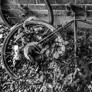 High angle view of abandoned bicycle