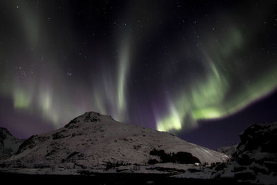 Scenic view of snowcapped mountains against sky at night