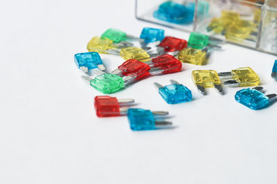 High angle view of toys on table