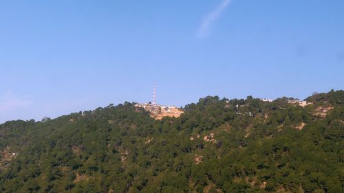 Scenic view of trees and mountains against blue sky