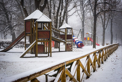 Built structure on snow covered landscape during winter