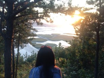 Rear view of woman looking at sea during sunset