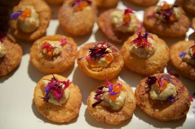 High angle view of desserts in plate on table