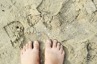 Low section of woman standing on sand at beach