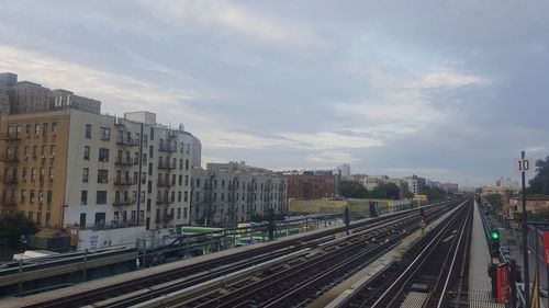 High angle view of railway tracks in city against sky