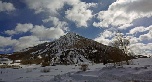 Scenic view of snowcapped mountains against sky