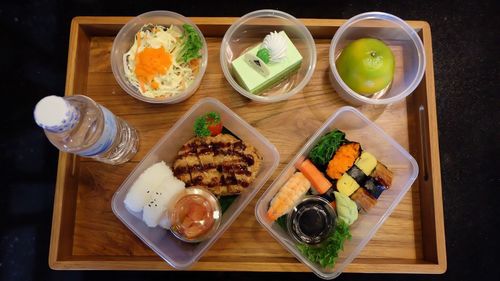 Directly above shot of meal served on table