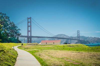 View of suspension bridge against clear sky