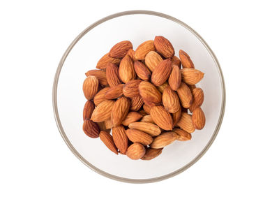 High angle view of chocolate in bowl against white background