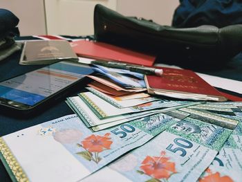 High angle view of open book on table