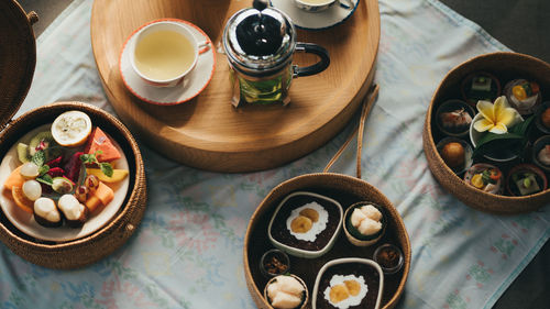 High angle view of breakfast served on table